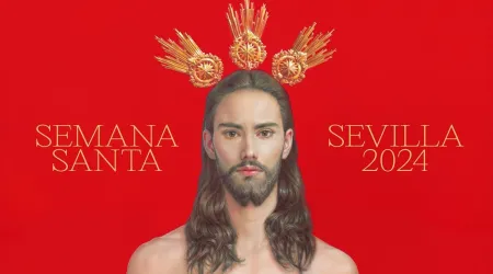 Detalle del cartel anunciador de la Semana Santa 2024 en Sevilla.