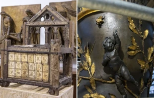 La Cátedra de San Pedro y un detalle del Baldaquino de Bernini. Crédito: Daniel Ibáñez / EWTN News