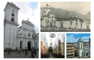 De izquierda a derecha en el sentido de las agujas del reloj: Fachada exterior de la Catedral de Caracas (Alexis Carmona - Trabajo propio, CC BY 3.0); Catedral de Caracas, en 1867 (Desconocido, dominio público); Panorámica de la Catedral durante el siglo XX (Arquidiócesis de Caracas); Interior de la Catedral de Caracas (AlexisCarmona, CC BY-SA 3.0). null