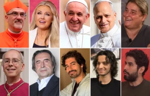 De izquierda a derecha: Cardenal Pierbattista Pizzaballa, Erika Kirk, Papa Francisco, Papa León XIV, Antonia Salzano, Mons. Mark Seitz, Riccardo Muti, Pablo Garna, Michael Iskander, Jonatan Medina Espinal. Crédito: Cortesía