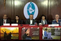 Rueda de prensa de la CEB, encabezada por el P. Diego Plá, acompañado de los responsables de la distintas Comisiones del Episcopado, en La Paz (octubre 2023).