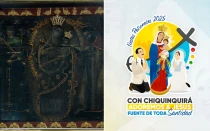 Reliquia sagrada de la Virgen de Chiquinquirá (izq.) y logo oficial de las celebraciones de este año (der.)