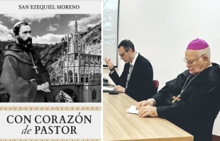 La portada del libro "Con Corazón de Pastor" y los presentadores en Costa Rica: Mons. Ángel San Casimiro y Luis Fernando Calvo. Crédito: Cortesía Instituto Tomás Moro.