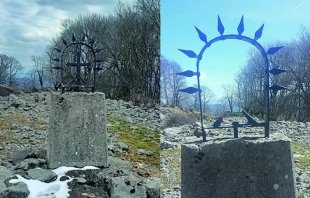 Cruz profanada en el camino al Santuario de San Miguel de Aralar (España). Crédito: Archidiócesis de Pamplona.