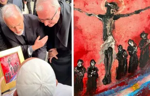 El Papa Francisco recibe el obsequio de la Sociedad del Apostolado Católico/Detalle de la obra Crédito: Instagram @palotinosxlamemoria/Sociedad del Apostolado Católico