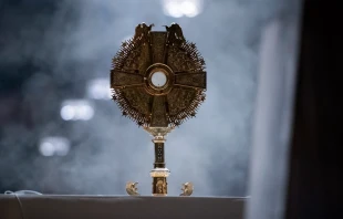 Exhibición de la Eucaristía en una custodia en la Catedral de San Patricio de Nueva York antes de la procesión eucarística del 15 de octubre de 2024. Crédito: Jeffrey Bruno.