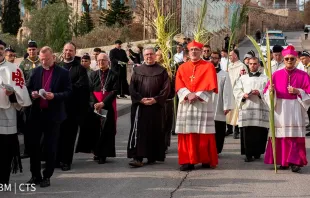 El Cardenal Pierbattista Pizzaballa encabezando la procesión desde Betfagé hasta Jerusalén. Crédito: BM - CTS.