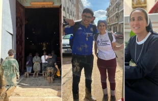 Foto izquierda: Misioneros y voluntarios en El Raval rezando antes de salir a servir al prójimo. Foto medio: P. Alejandro Beltrán y la Hermana Clara en labores de ayuda humanitaria. Foto derecha: Hermana Clara Medina Serra. Crédito: Cortesía de la hermana Clara Medina Serra