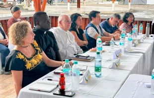 Mons. Héctor Henao (con camisa blanca), participa en la mesa de diálogo con la CNEB, acompañado a su derecha por el P. José Ricardo Cruel Angulo, Administrador Diocesano de Tumaco. Crédito: Cortesía.