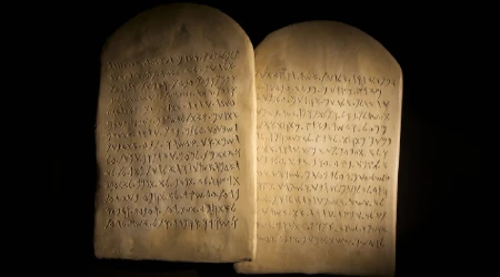 Imagen referencial de los Diez Mandamientos bíblicos inscritos en tabletas de piedra en la escritura paleo-hebrea.