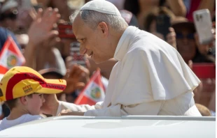 Antes de comenzar la catequesis, el Papa recorrió en papamóvil la plaza de San Pedro. Crédito: Daniel Ibañez/EWTN News