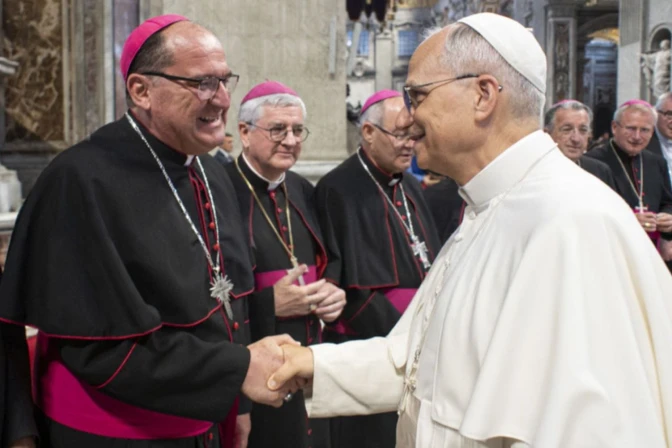 Mons. Hilario González saluda al Papa León XIV durante su visita a Roma