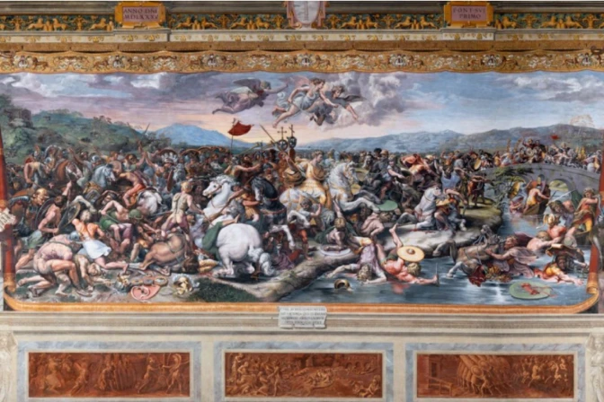 la “Sala de Constantino”, obra maestra de #Rafael sometida a 10 años de limpieza y restauración. Representa la victoria de Constantino contra Majencio en el Puente Milvio.