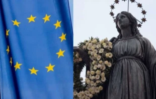 Bandera de la Unión Europea/ Imagen de la Inmaculada Concepción de Roma Crédito: Pixabay/Daniel Ibáñez, EWTN News