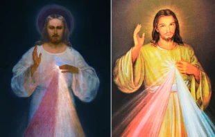 La primera representación de la Divina Misericordia, pintada por Eugenio Kazimirowski y la versión posterior de Adolf Hyła, que se ha hecho famosa en todo el mundo. Crédito: Dominio público.