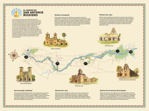 Mapa del Camino de San Antonio, Texas. Crédito: El Camino de San Antonio Missions.