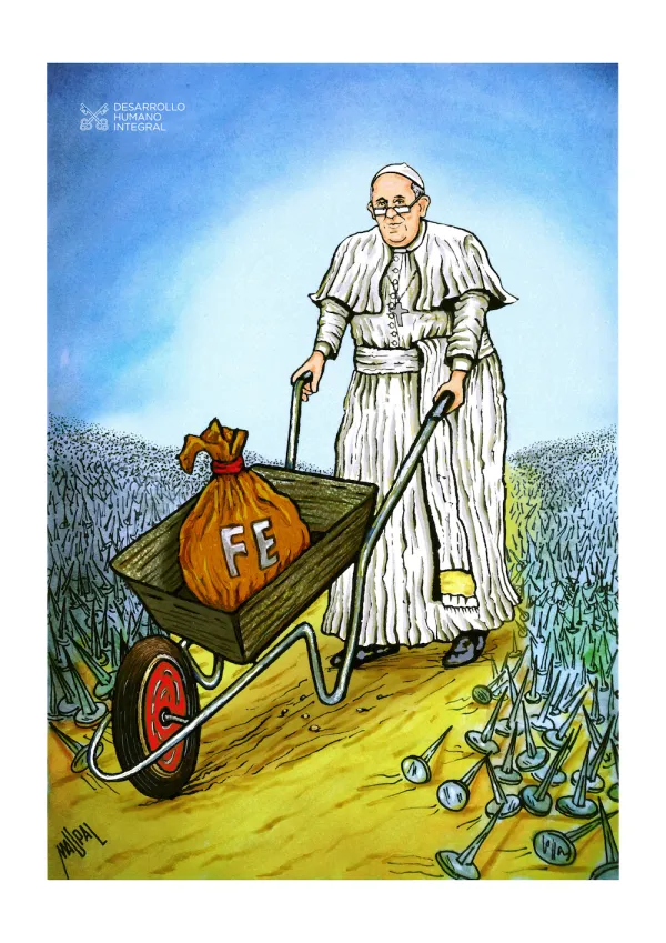 Imagen diseñada por el artista urbano para esta Cuaresma: El Papa Francisco, rodeado de clavos, porta un en una carretilla un saco donde se lee la palabra "Fe". Crédito: Oficina de Prensa de la Santa Sede