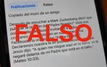 Es falso el mensaje que circula en redes sociales que dice que Marck Zuckerberg ha prohibido publicar el Padre Nuestro en Facebook.