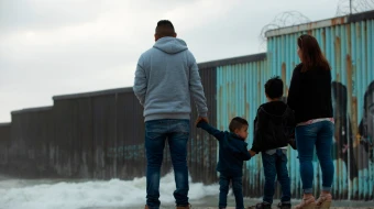 Familia frente al muro entre Estados Unidos y México.