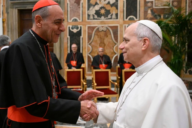 El Papa León XIV saluda al prefecto del Dicasterio para la Doctrina de la Fe, el Cardenal Víctor Manuel Fernández