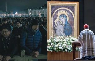 Cientos de fieles católicos se reunieron en la Plaza de San Pedro para rezar el Rosario por la salud del Papa Francisco. El Cardenal Parolin presidió la oración. Crédito: Daniel Ibáñez - ACI Prensa