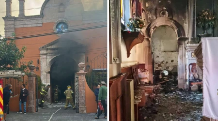 Realizan acto de desagravio por iglesia católica incendiada en Michoacán, México