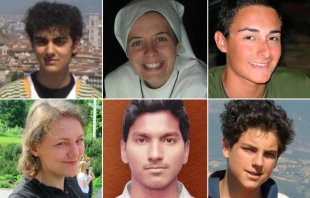 Fila superior de izq. a der.: Pierangelo Capuzzimati, Hna. Clare Crockett, Matteo Farina. Fila inferior de izq. a der.:Helena Agnieszka Kmieć, Akash Bashir, Carlo Acutis. Crédito: Cortesía