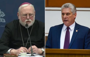 Mons. Paul Richard Gallagher / Miguel Díaz-Canel Bermúdez. Crédito: Captura de video / Vatican Media; Irene Pérez/ Cubadebate (CC BY-NC-SA 2.0).