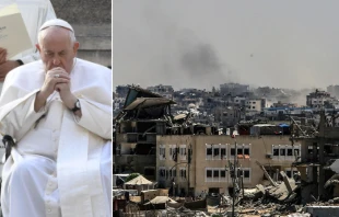 Izquierda: Papa Francisco, 25 de octubre de 2022 / Derecha: Operación militar israelí, en Khan Yunis, en el sur de la Franja de Gaza, el 25 de julio de 2024. Crédito: Vatican Media / Anas-Mohammed - Shutterstock