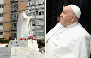 La imagen del Papa San Juan Pablo II afuera del hospital Gemelli con flores para el Papa Francisco; y el Santo Padre en la audiencia del 12 de febrero. Crédito: Victoria Cardiel - ACI Prensa / Vatican Media.