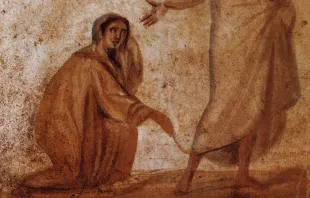 Arte paleocristiano en las catacumbas de Roma que representa la curación de la hemorroísa. Crédito: Doninio público.