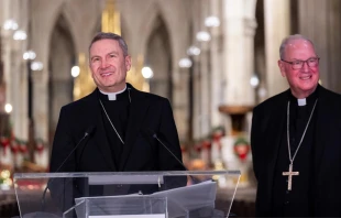 El Arzobispo electo de Nueva York, Mons. Ronald Hicks, y el Cardenal Timothy Dolan ofrecen una conferencia de prensa en la Catedral de San Patricio el 18 de diciembre de 2025, en la ciudad de Nueva York. Crédito: Adam Gray/Getty Images.