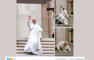 Imagen generada por inteligencia artificial en la que parece que el Papa León XIV se cae. Crédito: Screenshot redes sociales