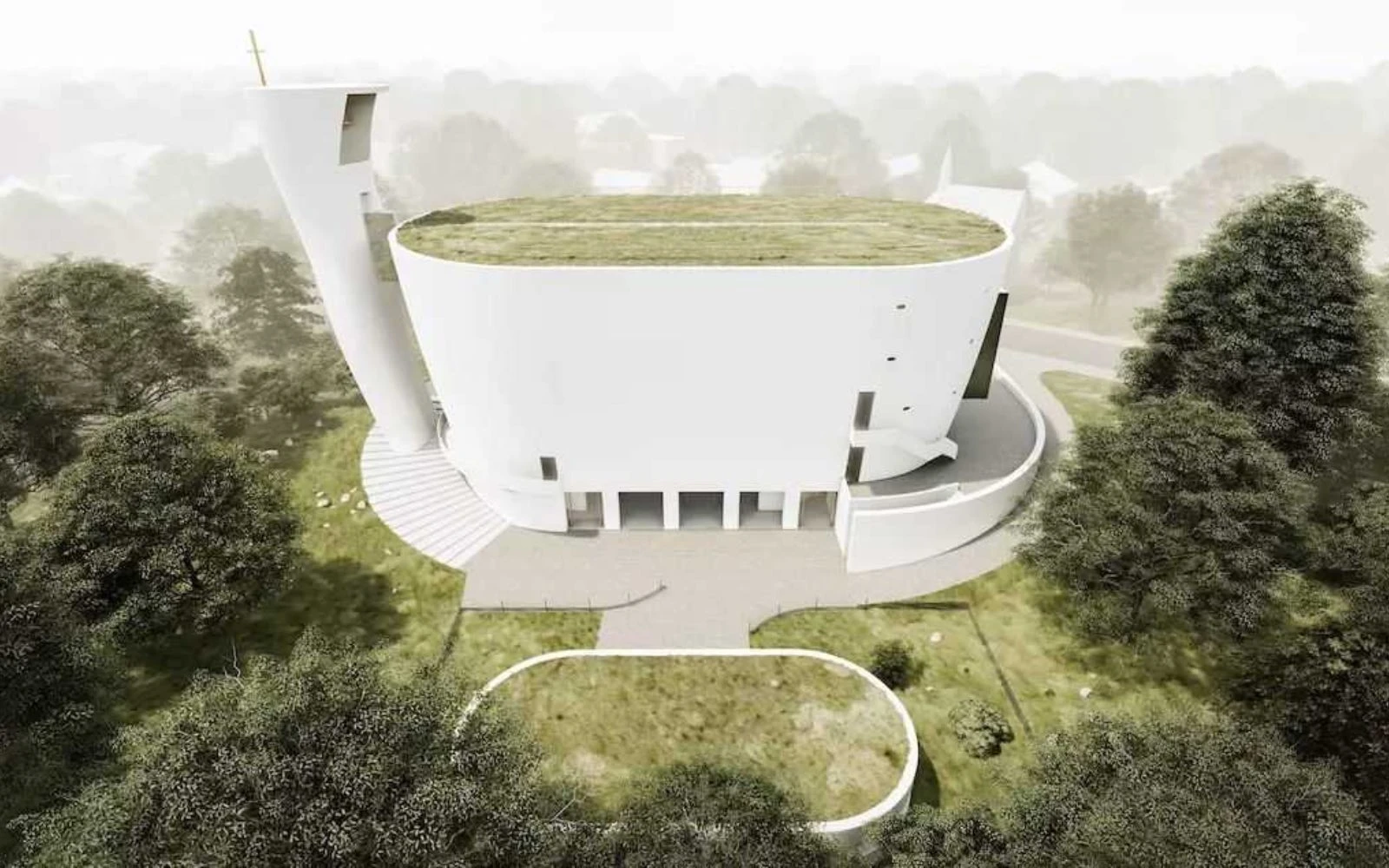 Una representación arquitectónica muestra la iglesia de la Santísima Trinidad prevista en Neratovice (República Checa). El diseño, inspirado en el Arca de Noé y obra del arquitecto Zdeněk Fránek, presenta un techo verde y podría convertirse en la iglesia impresa en 3D más grande del mundo.?w=200&h=150