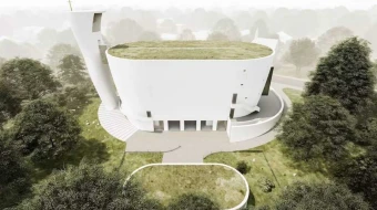 Una representación arquitectónica muestra la iglesia de la Santísima Trinidad prevista en Neratovice (República Checa). El diseño, inspirado en el Arca de Noé y obra del arquitecto Zdeněk Fránek, presenta un techo verde y podría convertirse en la iglesia impresa en 3D más grande del mundo.