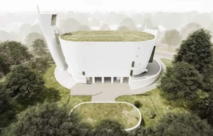 Una representación arquitectónica muestra la iglesia de la Santísima Trinidad prevista en Neratovice (República Checa). El diseño, inspirado en el Arca de Noé y obra del arquitecto Zdeněk Fránek, presenta un techo verde y podría convertirse en la iglesia impresa en 3D más grande del mundo. Crédito: The Neratovice Community Center Foundation.