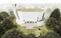 Una representación arquitectónica muestra la iglesia de la Santísima Trinidad prevista en Neratovice (República Checa). El diseño, inspirado en el Arca de Noé y obra del arquitecto Zdeněk Fránek, presenta un techo verde y podría convertirse en la iglesia impresa en 3D más grande del mundo.