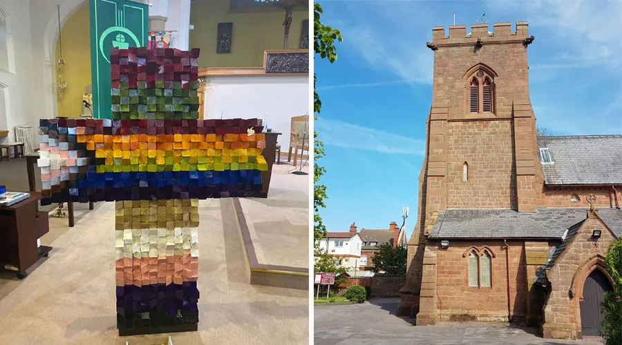 Cruz arcoíris usada para anunciar la Misa LGBTQ+ en la iglesia de San Beda. Crédito: Arquidiócesis de Liverpool?w=200&h=150
