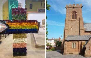 Cruz arcoíris usada para anunciar la Misa LGBTQ+ en la iglesia de San Beda. Crédito: Arquidiócesis de Liverpool 