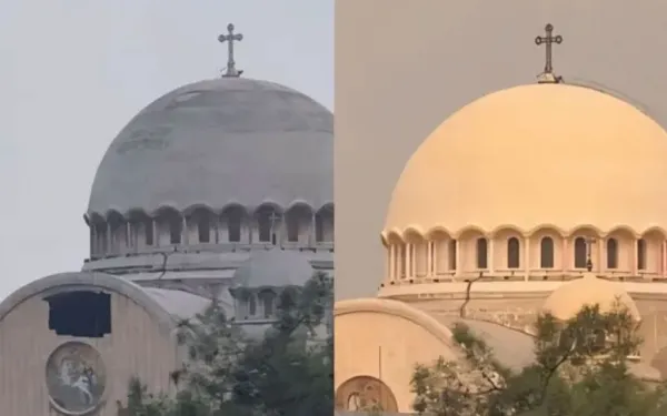 Iglesia de San Jorge antes y después de la restauración. Crédito: Joseph Nonoo