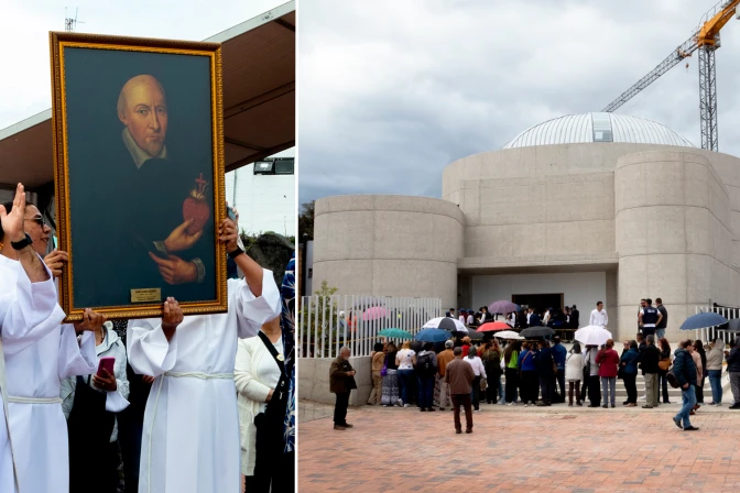 Cuadro con la imagen de San Juan Eudes y la nueva iglesia consagrada en el barrio Minuto de Dios en Bogotá.