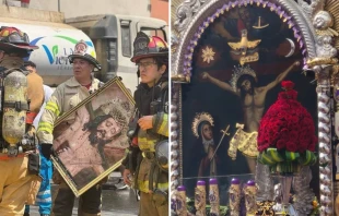 Cuadro del Señor del Santuario rescatado en el Centro de Lima el 13 de novimbre de 2024 (izquierda) e imagen del Señor de los Milagros (derecha). Crédito: Alcalde de Lima, Rafael López Aliaga / Diego López Marina - ACI Prensa