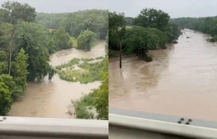 El río Guadalupe, que ya se desbordaba el 4 de julio de 2025 (izquierda), subió a un récord de 14,4 metros el 5 de julio (derecha). Crédito: Sophie Abuzeid.
