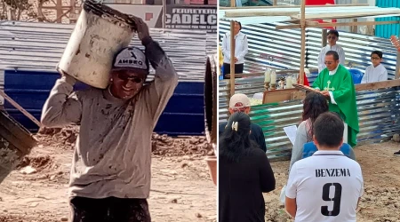 El P. Javier Cajusol Villegas construye con sus propias manos una iglesia en Chiclayo, Perú.