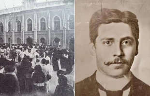 Multitud de caraqueños aglomerada frente a la Universidad Central de Venezuela, durante el velorio del Dr. José Gregorio Hernández (izq.) Retrato del "médico de los pobres" en su juventud. Crédito: Arquidiócesis de Caracas.