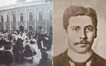 Multitud de caraqueños aglomerada frente a la Universidad Central de Venezuela, durante el velorio del Dr. José Gregorio Hernández (izq.) Retrato del "médico de los pobres" en su juventud.