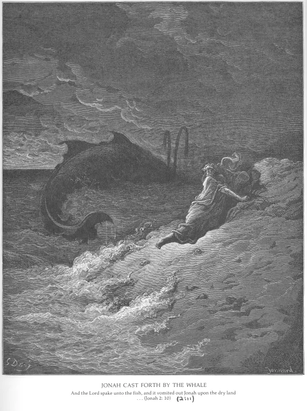 Jonás expulsado de las entrañas de la ballena. Crédito: The Doré Bible Gallery por Felix Just, S.J.