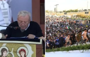 Kiko Argüello y jóvenes del Camino Neocatecumenal en Tor Vergata el lunes 4 de agosto. Crédito: Vatican Media.