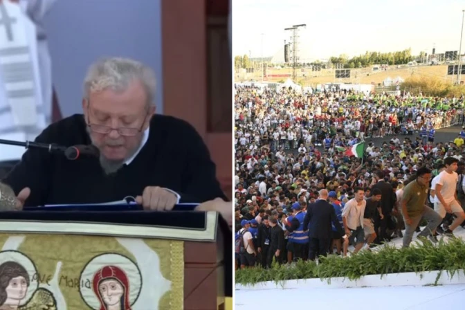 Kiko Argüello y jóvenes del Camino Neocatecumenal en Tor Vergata el lunes 4 de agosto.