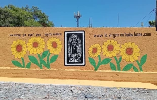 Una pared con la imagen de "La Virgen en todos lados". Crédito: Instagram/@lavirgenentodoslados.